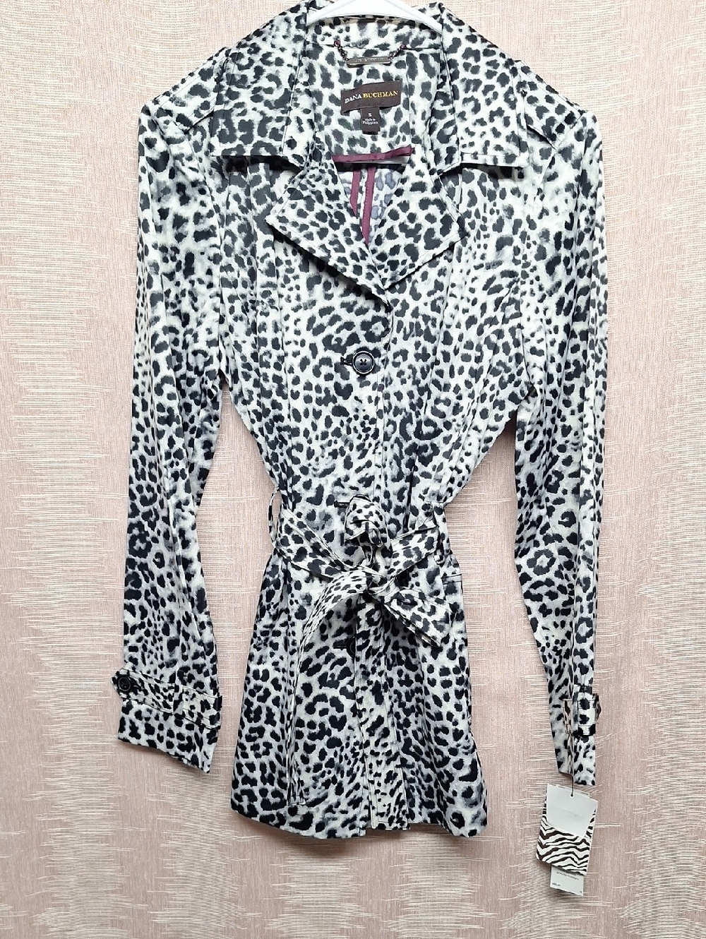 Dana Buchman Black and White Leopard Print Belted Trench